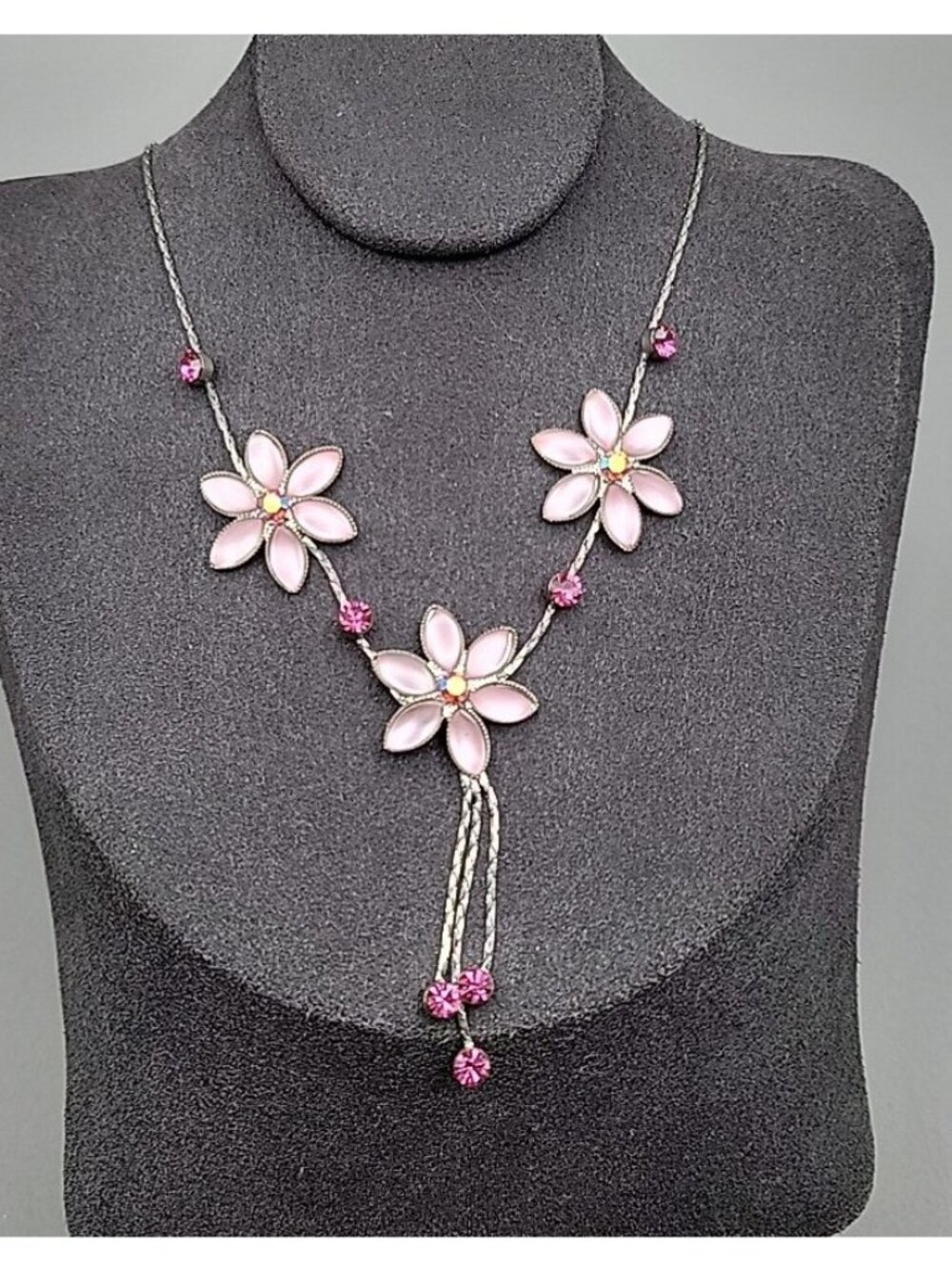Vintage Blush Pink AB Rhinestone Floral Tassle Necklace 16" Chain